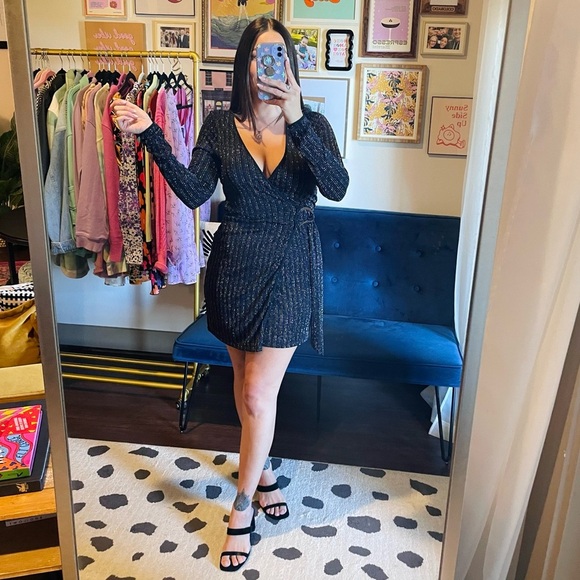 h:ours Cherie Metallic Stripe Long Sleeve Wrap Mini Dress - Picture 3 of 10